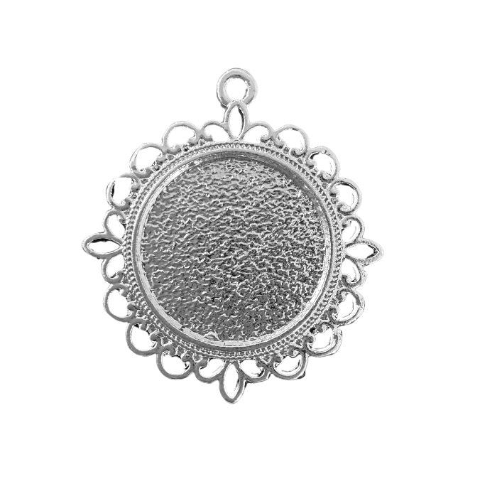 Round Decorative Lace Charm, Shiny Silver