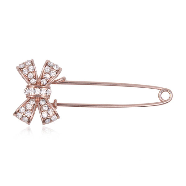 Bow shaped pin brooch rhinestone silver