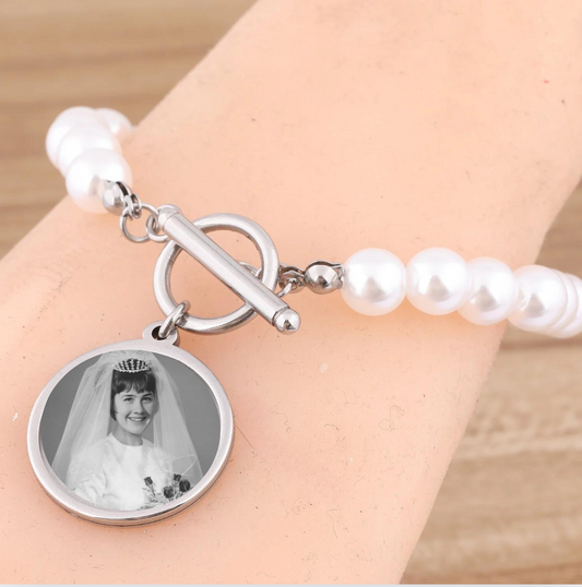 Pearl Bracelet With Photo Charm Wedding memorial photo jewelry