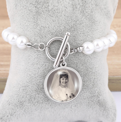 Pearl Bracelet With Photo Charm Wedding memorial photo jewelry