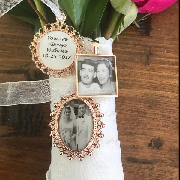 Walk me down the aisle - Wedding Jewelry charms to hang from bouquet - Photo memory pendant for keepsake includes everything you need