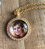 Walk me down the aisle Wedding Bouquet Memory charm Remembering Loved ones Photo Pendant Something Blue, Gold, Rose Gold, Silver Rhinestone