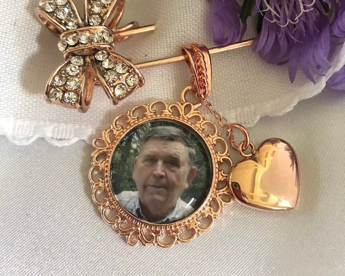 Large pin use to attach Photo charms to your wedding bouquet - Silver and Rose Gold with Rhinestones - Wedding brooch in Memory of