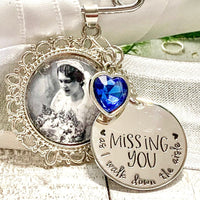 Custom Wedding Something Blue photo Memory charm to attach to bride bouquet Gift for wedding bridal shower - Remembering Loved ones