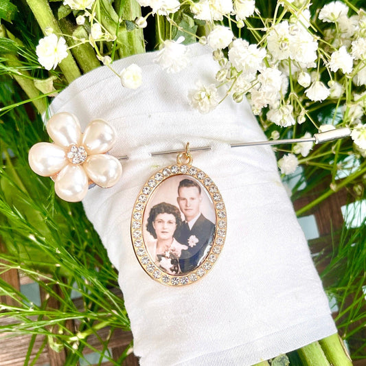 Wedding Bouquet Memory photo charm and pin for brides bouquet or groom Gift for bridal shower - Remembering Loved ones